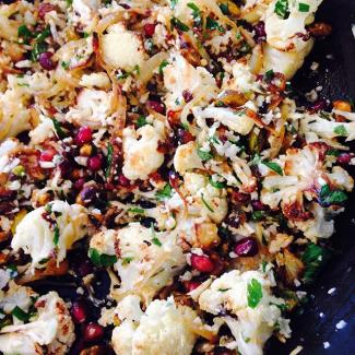 roasted cauliflower with pomegranate and pistachios